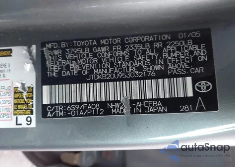 2005 Toyota Prius z USA, uszkodzony, nr VIN JTDKB20U953032176